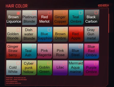 Character Creator hair color names for reference
