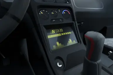 functional gear indicator, clock, display of radio station, and animated equaliser