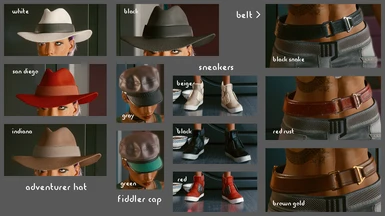 Adventurer Hat, Sneakers, Belt, and Fiddler Cap Color Options