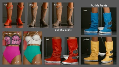 Moon Shorts, Dakota Boots, and Buckle Boots Color Options