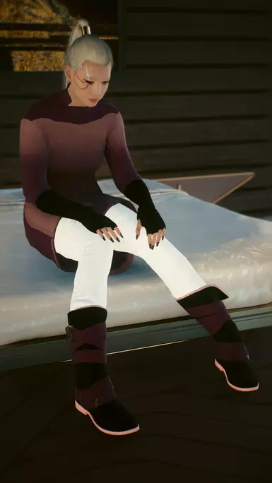 Magenta and peach shirt and boots and white pants, ft. Ivy.
