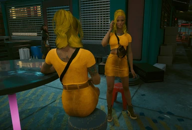 Yellow Top-Skirt-Belt-Bag. Twins front and back.