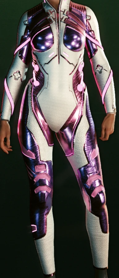 white nylon with pink and purple Mylar accents actual in-game appearance, pink emissive on