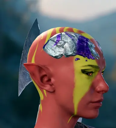 Extreme example of visual issue with face tattoos overlapping the metallic horn base