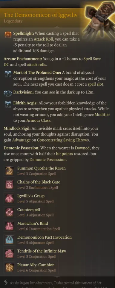 Stats of the Demonomicon when you equip it.