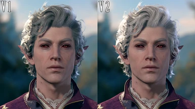Dark Red Scleras Only Version Comparisons (both versions work in the full release, but V1 was made during early access, and the way the game processes hair colour seems to have changed since then, so V1 looks darker than it did previously.)