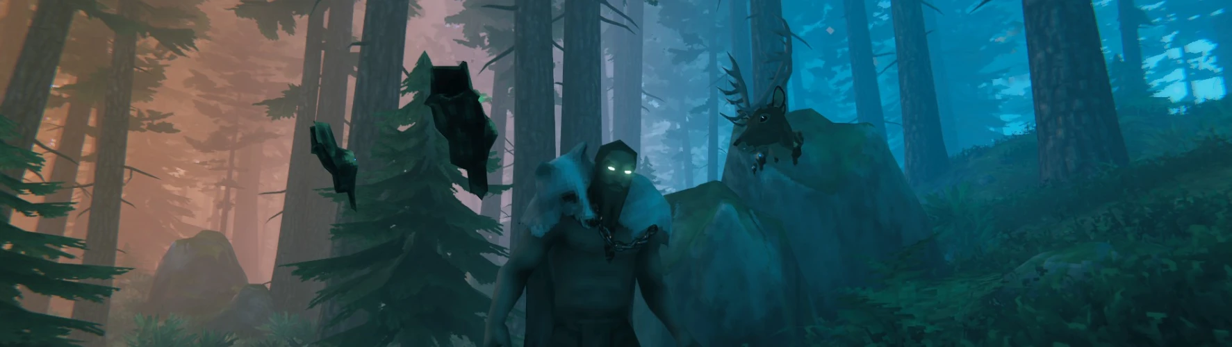 A man with glowing green eyes standing in a forest, surrounded by floating phantasmal animal heads
