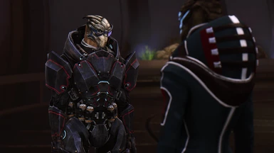 Garrus wears his modded armor on the Citadel before joining the party.