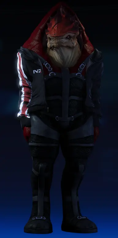 Wrex stealing Stealing Shepard's hoodie and stretching it beyond recognition