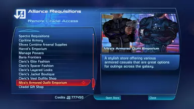Store interface for Mira's Armored Outfit Emporium - can be located on Deck Five of the Normandy.