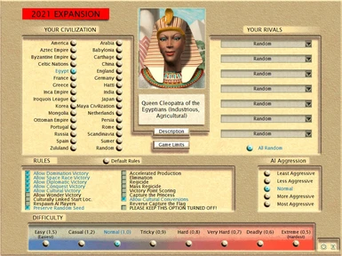 New difficulty levels. Civilizations sorted alphabetically