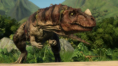 Compies pack hunting a Ceratosaurus