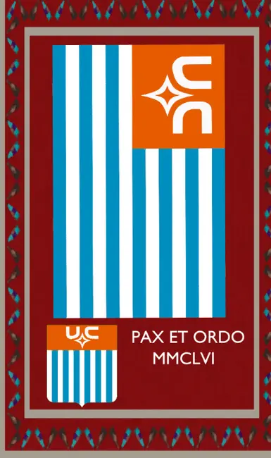 Rug with UC flag, emblem and motto Pax et Ordo