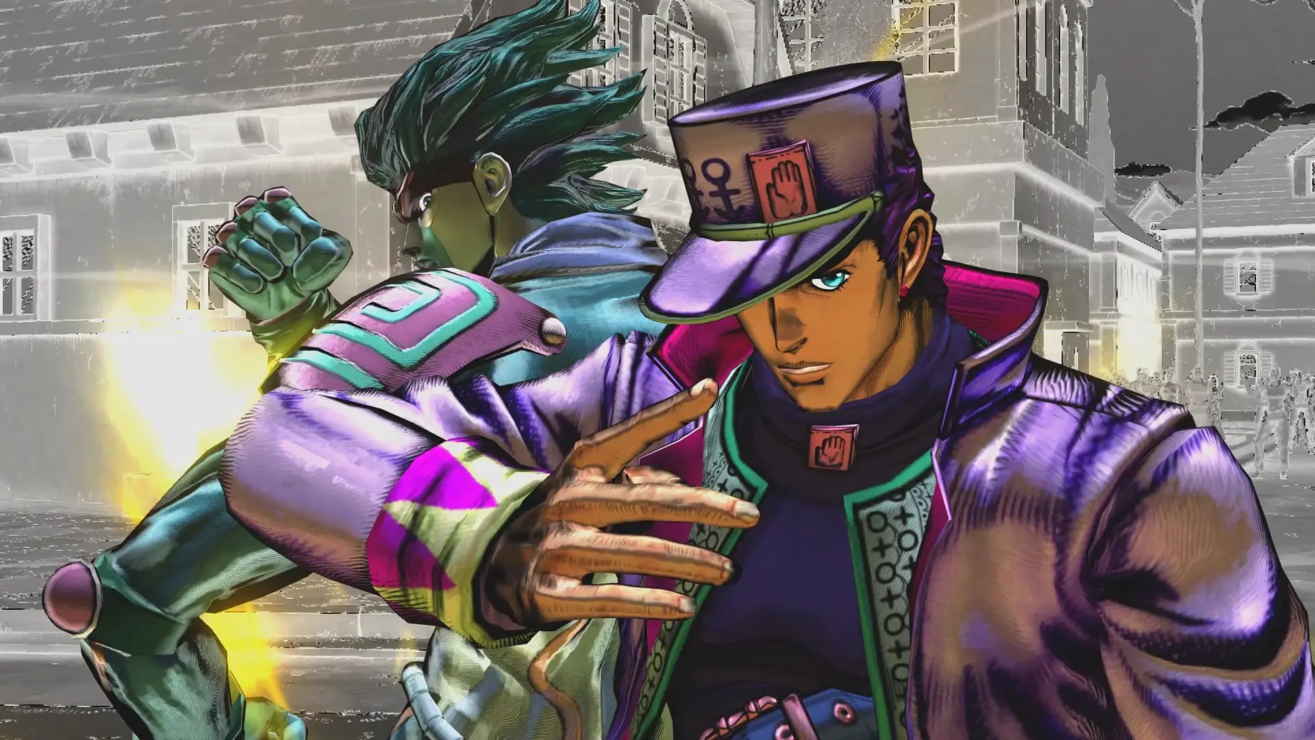 Jojo all star battle ps4. Джотаро Токийский и Вадим. Костюм Джотаро Куджо из 4 сезона. Джотаро с дисками. Джотаро 7 часть.