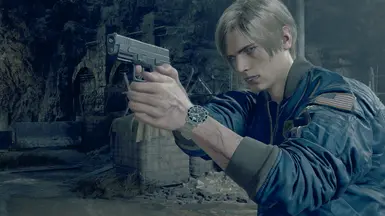 Leon holds up an XD pistol.