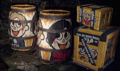 Cartoon wooden barrels and boxes (yellow)