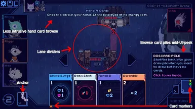 Anchor indicator, card markers, browse card piles mid-UI/peek, less intrusive hand card browse, lane dividers