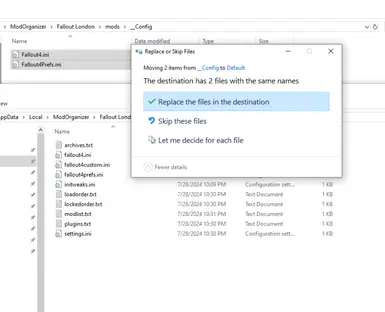 Copy the files in /mods/__Config to ../Fallout London/Profiles/ 