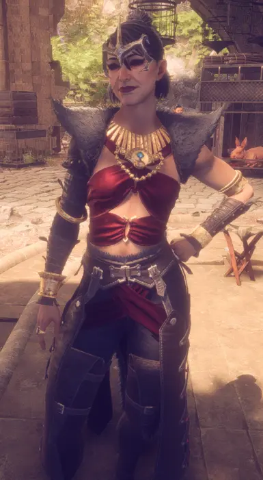 morrigan's dark clothes with golden jewelry