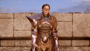 Female Hawke wears Disciple of Andraste armor