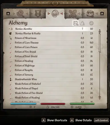 Alchemy Tab (Apparatus at the top)
