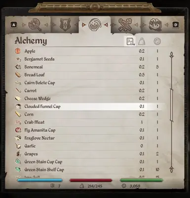 Alchemy Tab (Ingredients at the bottom)
