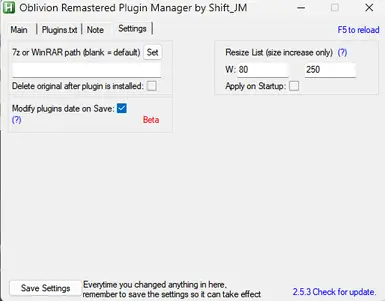 Settings tab