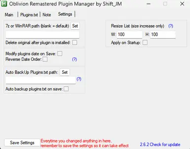 Settings tab
