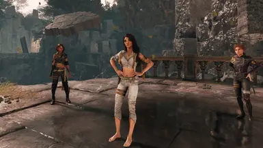 840_Expedition Outfit (Pure) - Top is cropped, shirt is removed and Lune has a belly button. Right gauntlet and jacket have been removed.