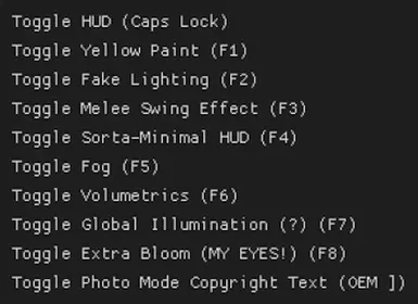 List of included toggles and their default keybinds. If you want to change a keybind or see what one of these does, scroll down in the description!