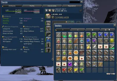 Example of the UI with character sheet and inventory pages up. A silver border surrounds the active window.