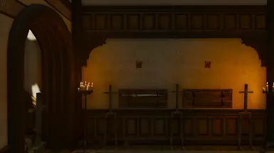 Unmodded Zireael sword mounted in one of the slots of a wall-hanging horizontal sword stand, the floating scabbard is not visible