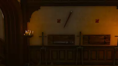 Unmodded Zireael sword mounted in the other slot of a wall-hanging horizontal sword stand, the floating scabbard is visible