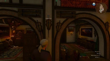 v1.3 Geralt at the edge of the dining room table to access the interaction prompt of the center sword on the east wall. If there are armor stands below then the prompt can be accessed from them.