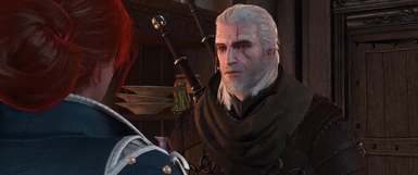 Geralt cannot find the right words to compliment Triss's new hairstyle.