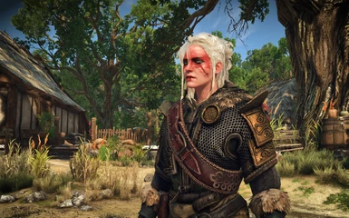 white hair + blood red face texture + armor